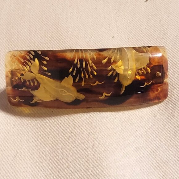 Bakelite Hair Clip Reverse Carved Dolphins Brown Amber Translucent 3 1\\2\